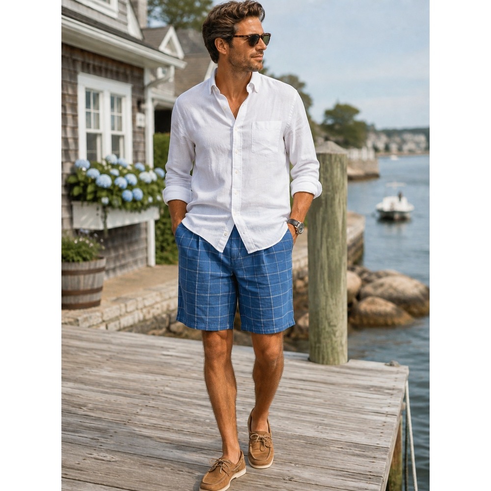 Lands End Mens Linen Cotton Blue Windowpane  Pleated Shorts Traditional Fit 38